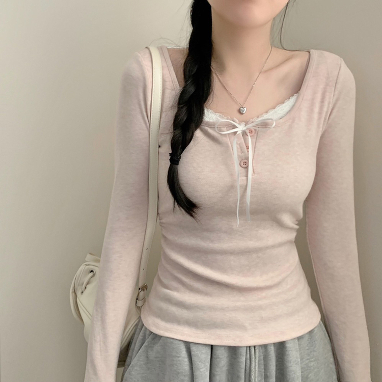 힐링 레이스 레이어드 상의 긴팔티 티셔츠 롱슬리브 모리걸 걸코어 여리 청순 봄 봄옷 가을 가을옷 벚꽃 데이트 리본 핑크