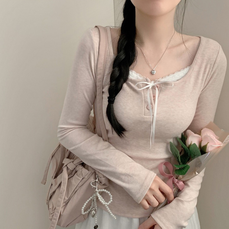 힐링 레이스 레이어드 상의 긴팔티 티셔츠 롱슬리브 모리걸 걸코어 여리 청순 봄 봄옷 가을 가을옷 벚꽃 데이트 리본 핑크