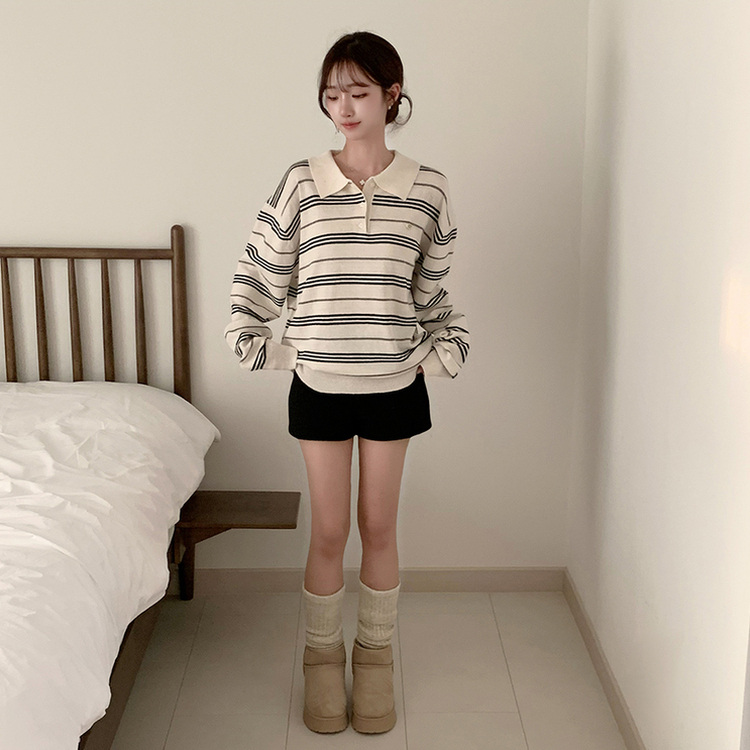 퀄리티 보장 하이큐 스트라이프 겨울 단가라 카라 버튼 상의 긴팔 니트 루즈핏 단추 긴팔티 2color 베이지