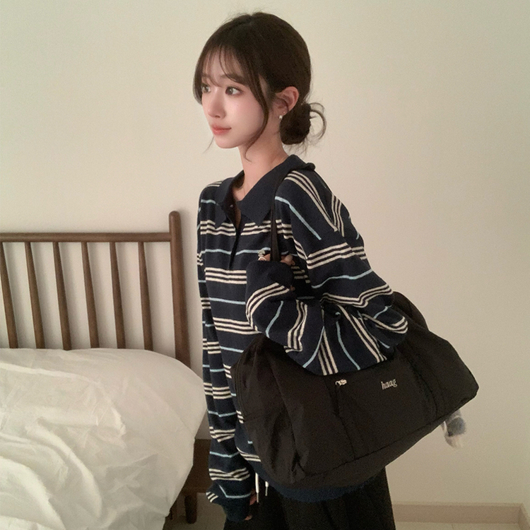 퀄리티 보장 하이큐 스트라이프 겨울 단가라 카라 버튼 상의 긴팔 니트 루즈핏 단추 긴팔티 2color 곤색