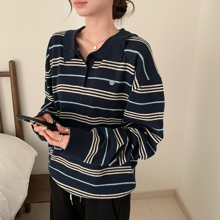 퀄리티 보장 하이큐 스트라이프 겨울 단가라 카라 버튼 상의 긴팔 니트 루즈핏 단추 긴팔티 2color 곤색