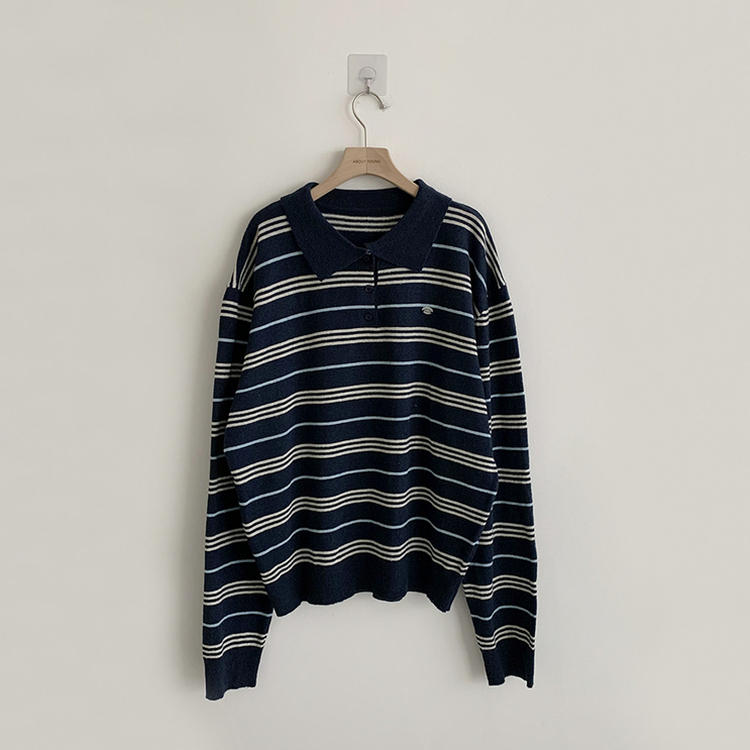 퀄리티 보장 하이큐 스트라이프 겨울 단가라 카라 버튼 상의 긴팔 니트 루즈핏 단추 긴팔티 2color
