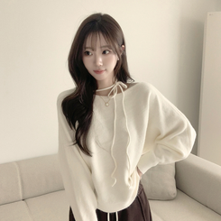 리본 초커 겨울 긴팔 울 니트 허리잘록 러블리 보트넥 긴팔티 페미닌 오프숄더 스트링 아이보리