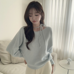 리본 초커 겨울 긴팔 울 니트 허리잘록 러블리 보트넥 긴팔티 페미닌 오프숄더 스트링 소라