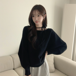 리본 초커 겨울 긴팔 울 니트 허리잘록 러블리 보트넥 긴팔티 페미닌 오프숄더 스트링 블랙