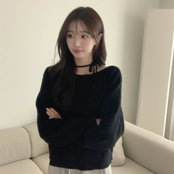 리본 초커 겨울 긴팔 울 니트 허리잘록 러블리 보트넥 긴팔티 페미닌 오프숄더 스트링 블랙