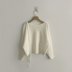 리본 초커 겨울 긴팔 울 니트 허리잘록 러블리 보트넥 긴팔티 페미닌 오프숄더 스트링