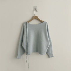 리본 초커 겨울 긴팔 울 니트 허리잘록 러블리 보트넥 긴팔티 페미닌 오프숄더 스트링