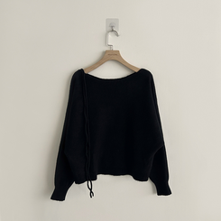 리본 초커 겨울 긴팔 울 니트 허리잘록 러블리 보트넥 긴팔티 페미닌 오프숄더 스트링