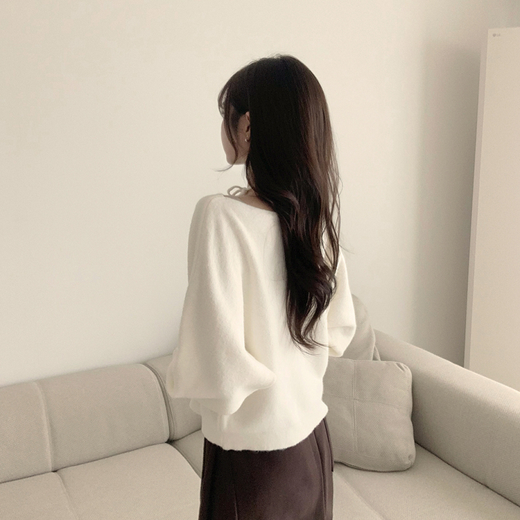 리본 초커 겨울 긴팔 울 니트 허리잘록 러블리 보트넥 긴팔티 페미닌 오프숄더 스트링 아이보리