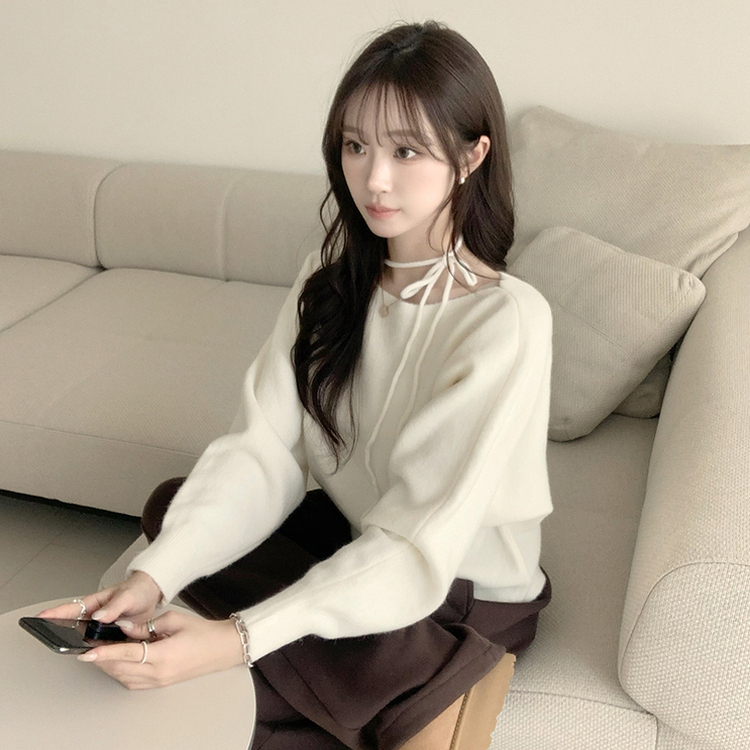 리본 초커 겨울 긴팔 울 니트 허리잘록 러블리 보트넥 긴팔티 페미닌 오프숄더 스트링 아이보리