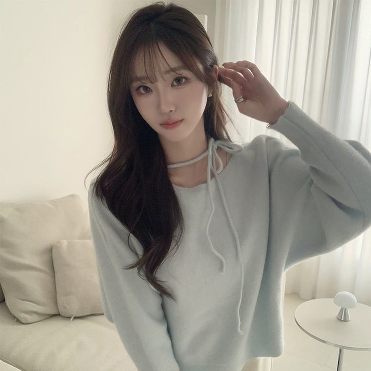 리본 초커 겨울 긴팔 울 니트 허리잘록 러블리 보트넥 긴팔티 페미닌 오프숄더 스트링 소라