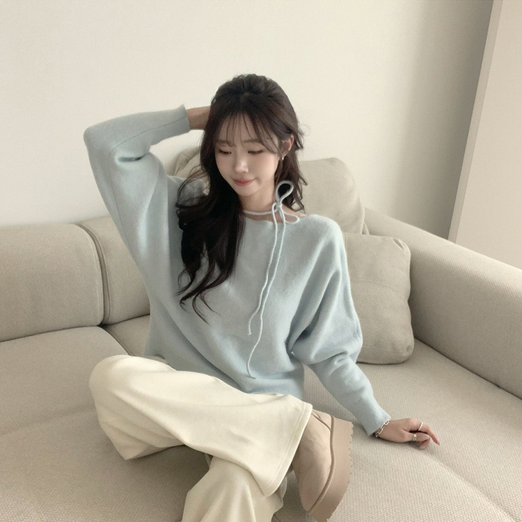 리본 초커 겨울 긴팔 울 니트 허리잘록 러블리 보트넥 긴팔티 페미닌 오프숄더 스트링 소라