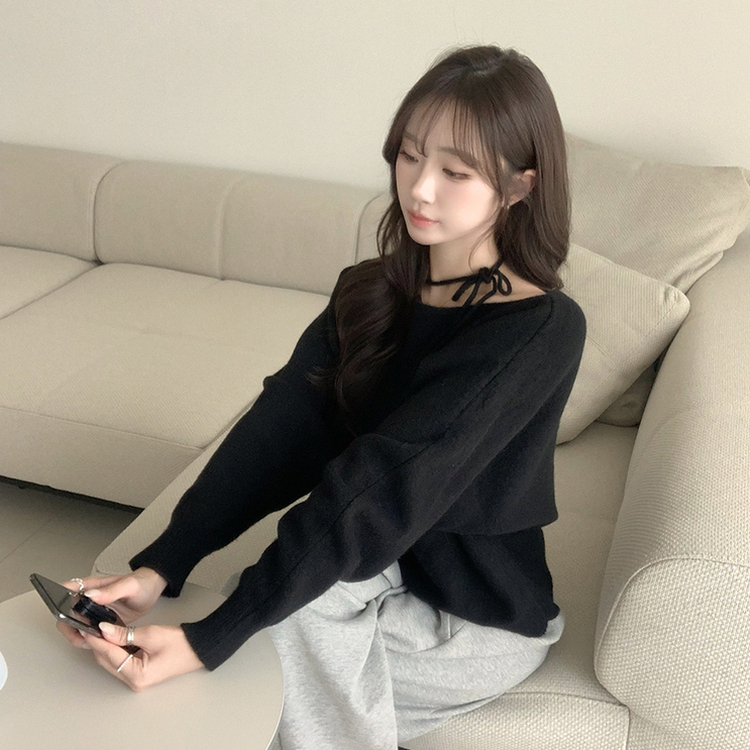 리본 초커 겨울 긴팔 울 니트 허리잘록 러블리 보트넥 긴팔티 페미닌 오프숄더 스트링 블랙