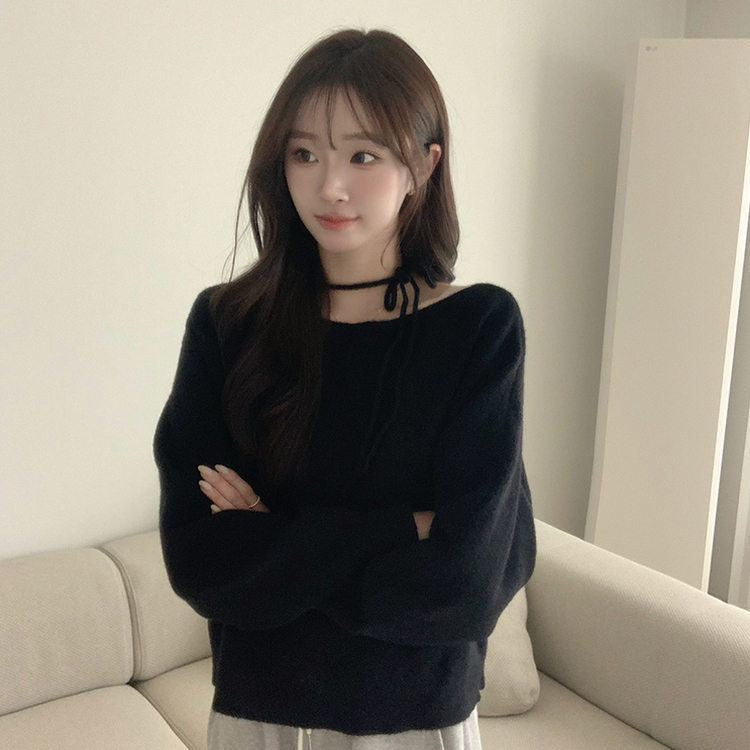 리본 초커 겨울 긴팔 울 니트 허리잘록 러블리 보트넥 긴팔티 페미닌 오프숄더 스트링 블랙