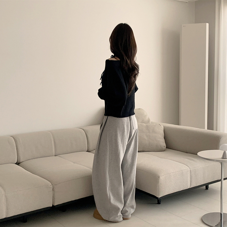 리본 초커 겨울 긴팔 울 니트 허리잘록 러블리 보트넥 긴팔티 페미닌 오프숄더 스트링 블랙