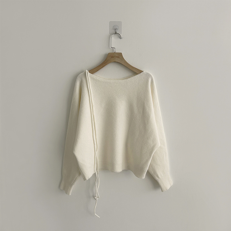 리본 초커 겨울 긴팔 울 니트 허리잘록 러블리 보트넥 긴팔티 페미닌 오프숄더 스트링