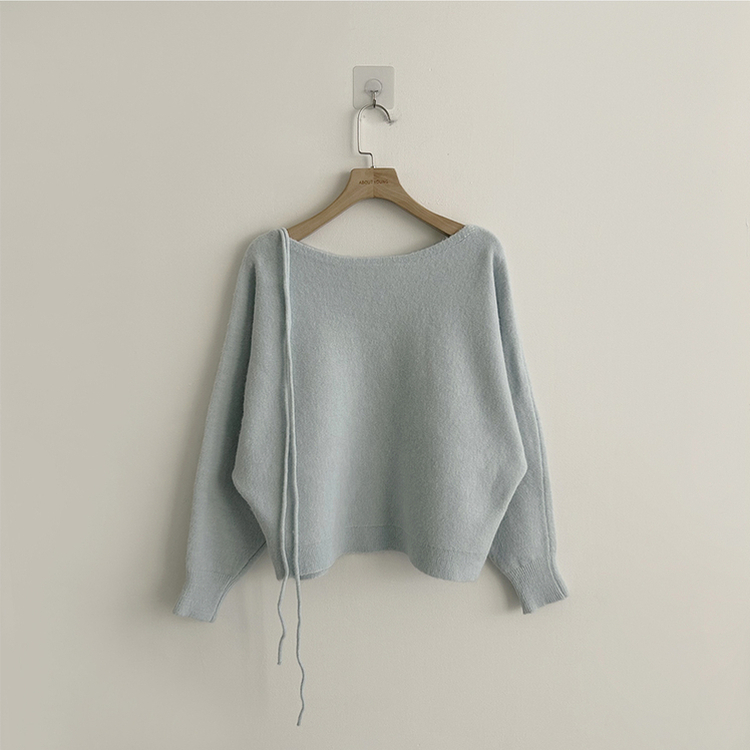 리본 초커 겨울 긴팔 울 니트 허리잘록 러블리 보트넥 긴팔티 페미닌 오프숄더 스트링