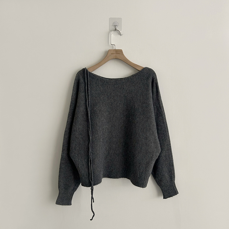 리본 초커 겨울 긴팔 울 니트 허리잘록 러블리 보트넥 긴팔티 페미닌 오프숄더 스트링