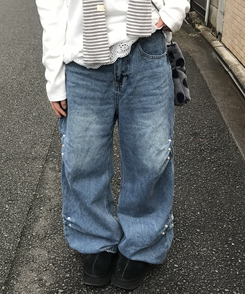 サイドリベットデニムワイドパンツ BLUE