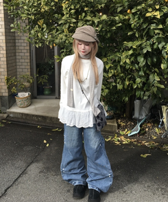 サイドリベットデニムワイドパンツ BLUE