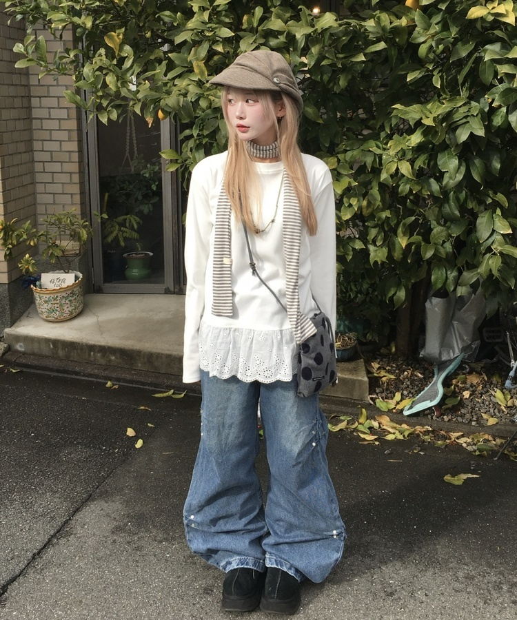 サイドリベットデニムワイドパンツ BLUE