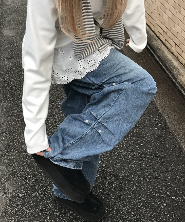 サイドリベットデニムワイドパンツ BLUE