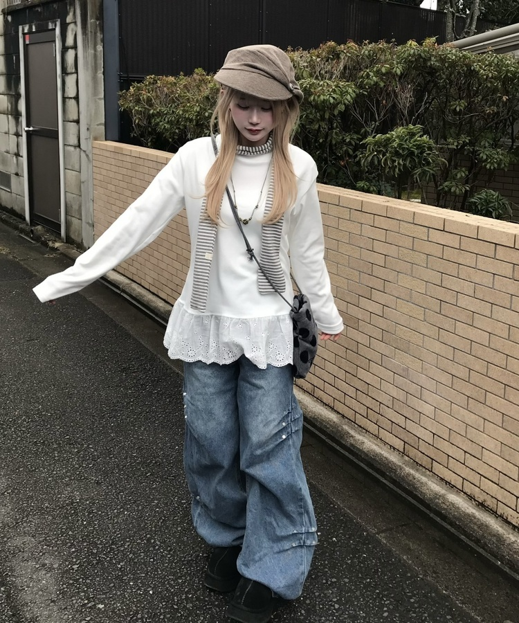 サイドリベットデニムワイドパンツ BLUE