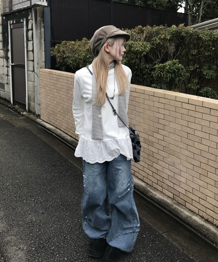 サイドリベットデニムワイドパンツ BLUE