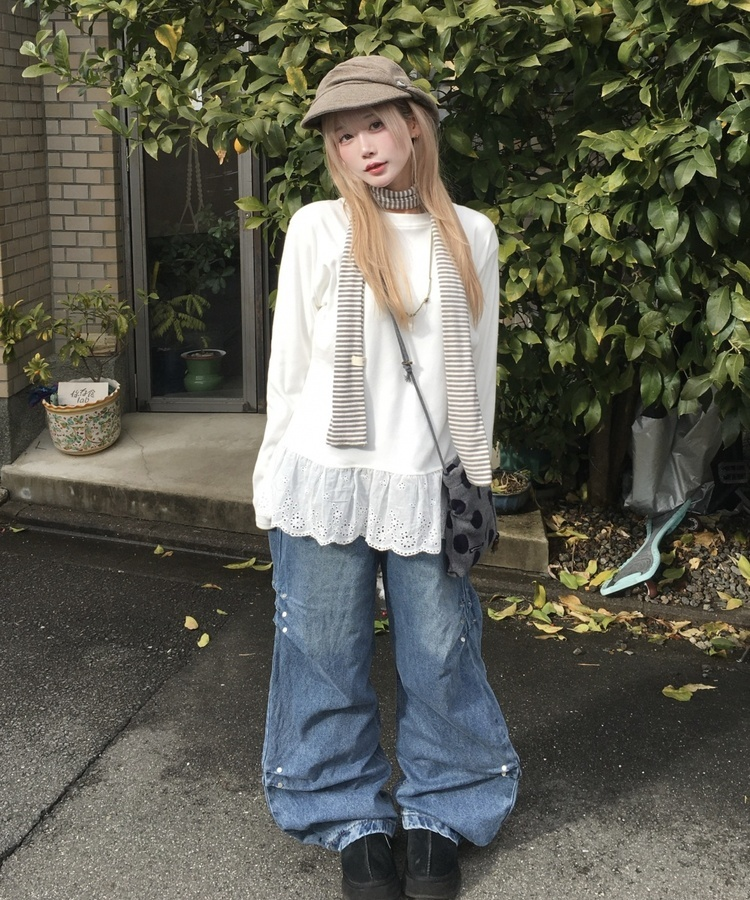 サイドリベットデニムワイドパンツ BLUE