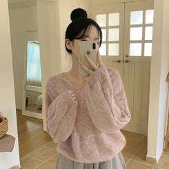 패치포인트 울 모헤어 보카시 브이넥 아방핏 꽈배기 울니트 무지개실 핑크니트 핑크