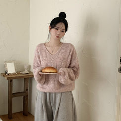 패치포인트 울 모헤어 보카시 브이넥 아방핏 꽈배기 울니트 무지개실 핑크니트 핑크