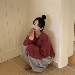 패치포인트 울 모헤어 보카시 브이넥 아방핏 꽈배기 울니트 무지개실 핑크니트 와인