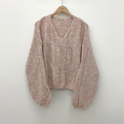 패치포인트 울 모헤어 보카시 브이넥 아방핏 꽈배기 울니트 무지개실 핑크니트