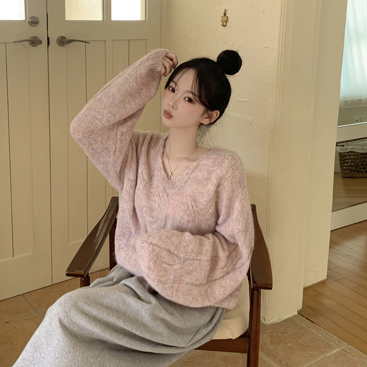 패치포인트 울 모헤어 보카시 브이넥 아방핏 꽈배기 울니트 무지개실 핑크니트 핑크