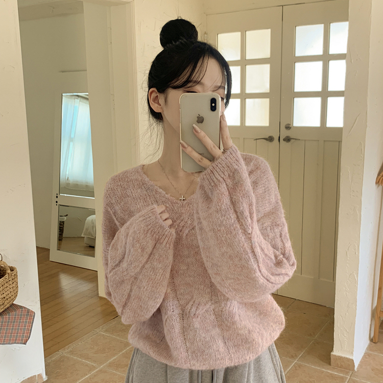 패치포인트 울 모헤어 보카시 브이넥 아방핏 꽈배기 울니트 무지개실 핑크니트 핑크