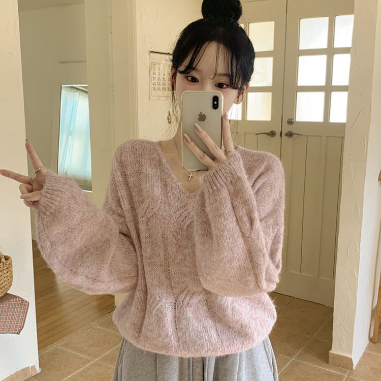 패치포인트 울 모헤어 보카시 브이넥 아방핏 꽈배기 울니트 무지개실 핑크니트 핑크