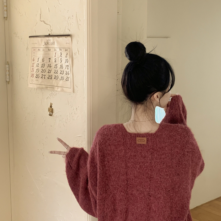 패치포인트 울 모헤어 보카시 브이넥 아방핏 꽈배기 울니트 무지개실 핑크니트 와인