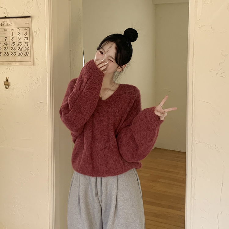 패치포인트 울 모헤어 보카시 브이넥 아방핏 꽈배기 울니트 무지개실 핑크니트 와인