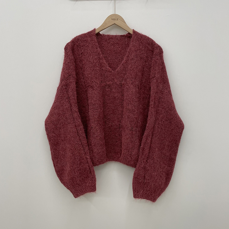 패치포인트 울 모헤어 보카시 브이넥 아방핏 꽈배기 울니트 무지개실 핑크니트