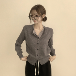 풀하우스 라운드 레이어드아방핏 겨울 긴팔 버튼 니트 가디건 오버핏 아우터 먹색