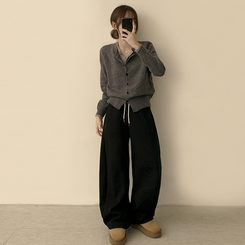 풀하우스 라운드 레이어드아방핏 겨울 긴팔 버튼 니트 가디건 오버핏 아우터 먹색