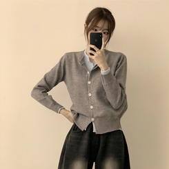 풀하우스 라운드 레이어드아방핏 겨울 긴팔 버튼 니트 가디건 오버핏 아우터 그레이