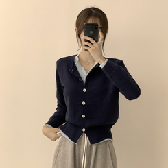 풀하우스 라운드 레이어드아방핏 겨울 긴팔 버튼 니트 가디건 오버핏 아우터 네이비