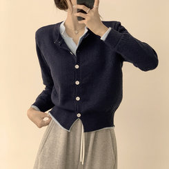 풀하우스 라운드 레이어드아방핏 겨울 긴팔 버튼 니트 가디건 오버핏 아우터 네이비