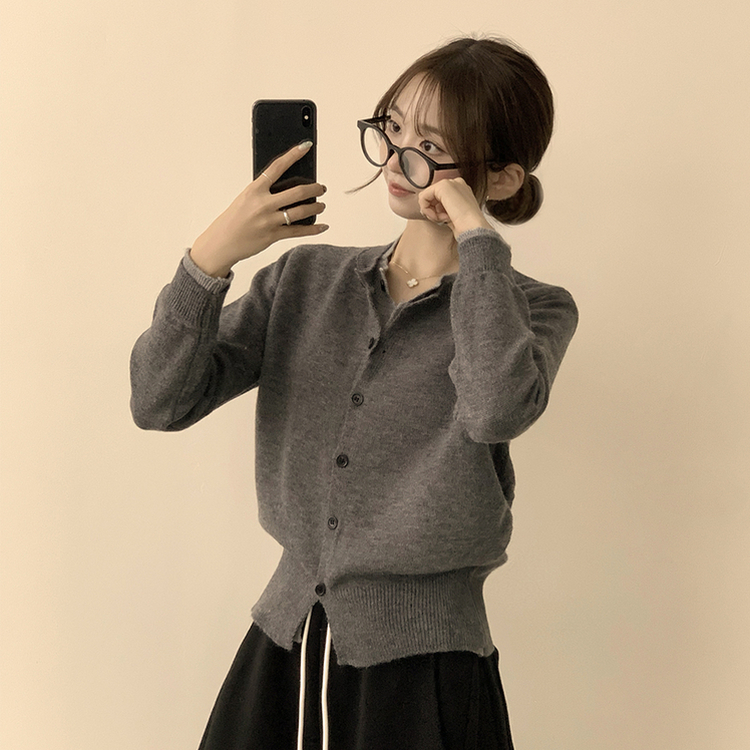 풀하우스 라운드 레이어드아방핏 겨울 긴팔 버튼 니트 가디건 오버핏 아우터 먹색