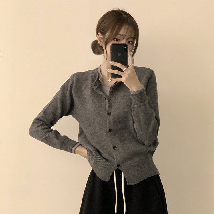 풀하우스 라운드 레이어드아방핏 겨울 긴팔 버튼 니트 가디건 오버핏 아우터 먹색