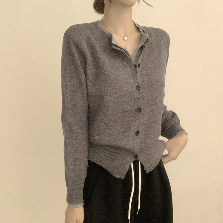 풀하우스 라운드 레이어드아방핏 겨울 긴팔 버튼 니트 가디건 오버핏 아우터 먹색