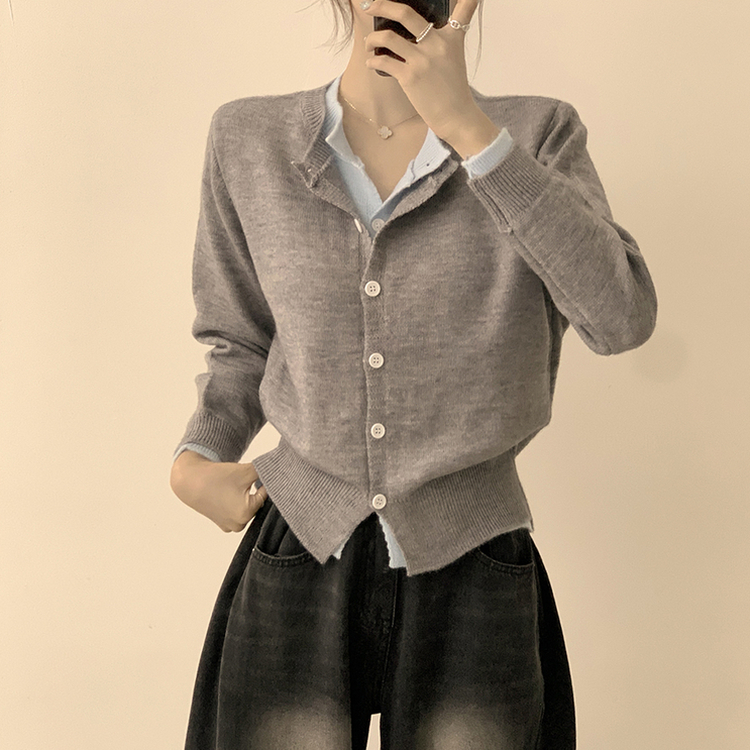 풀하우스 라운드 레이어드아방핏 겨울 긴팔 버튼 니트 가디건 오버핏 아우터 그레이