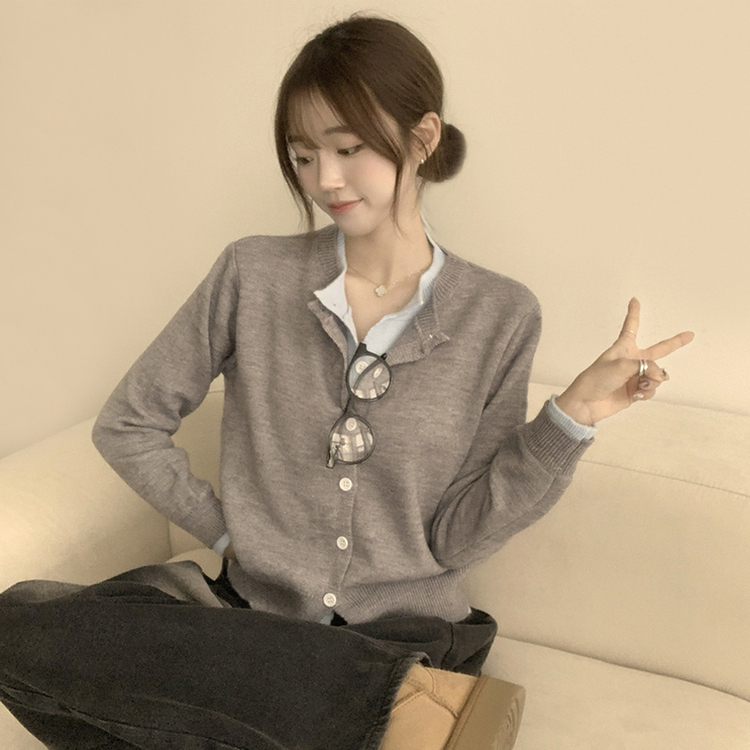 풀하우스 라운드 레이어드아방핏 겨울 긴팔 버튼 니트 가디건 오버핏 아우터 그레이